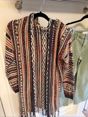 Boho Multicolor Striped Fringe Cardigan with Risen Cropped Wide Leg Olive Jeans